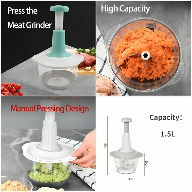 1.5L Manual Vegetable Chopper – 3 Blade Hand Push Cutter